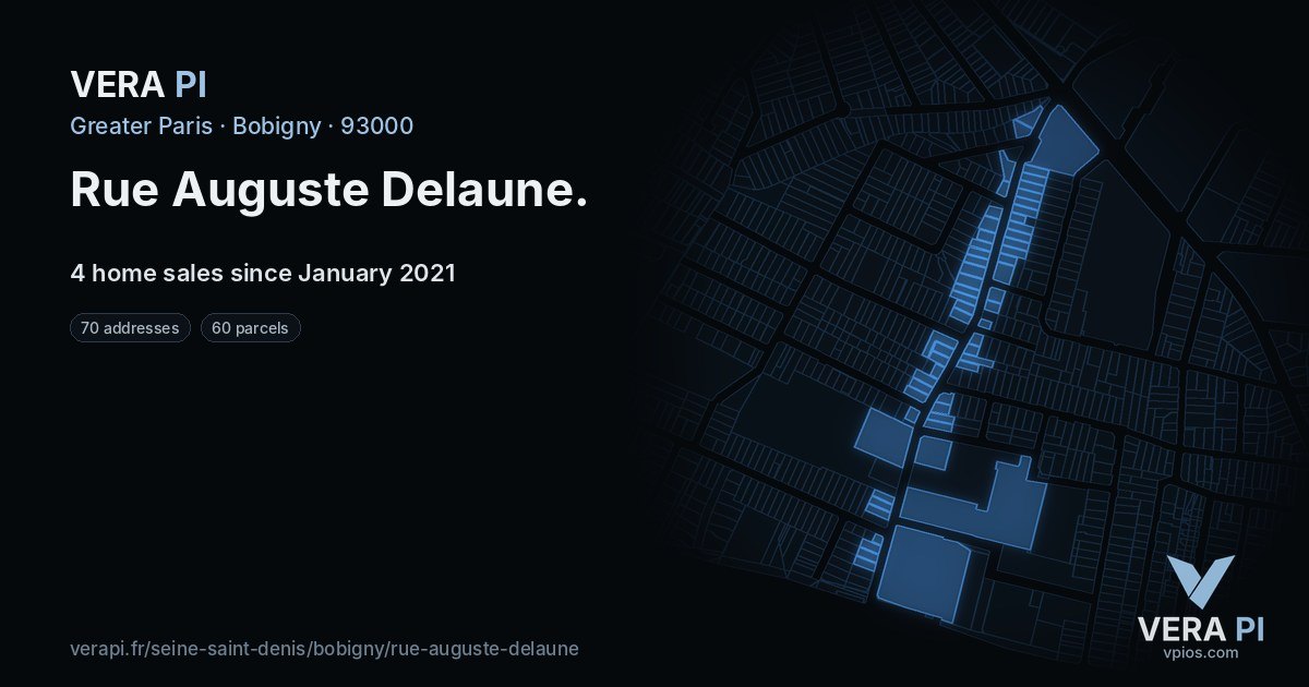 Rue Auguste Delaune, Bobigny at night – every parcel coloured by the prices around it, the street's own parcels lit