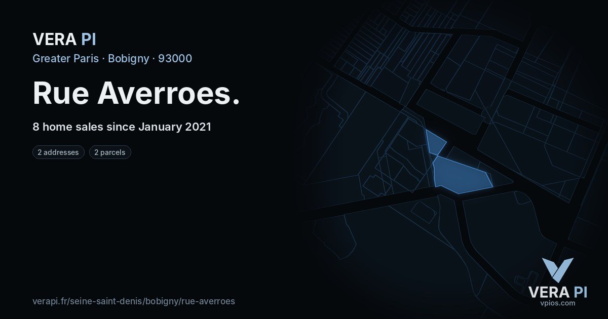 Rue Averroes, Bobigny at night – every parcel coloured by the prices around it, the street's own parcels lit