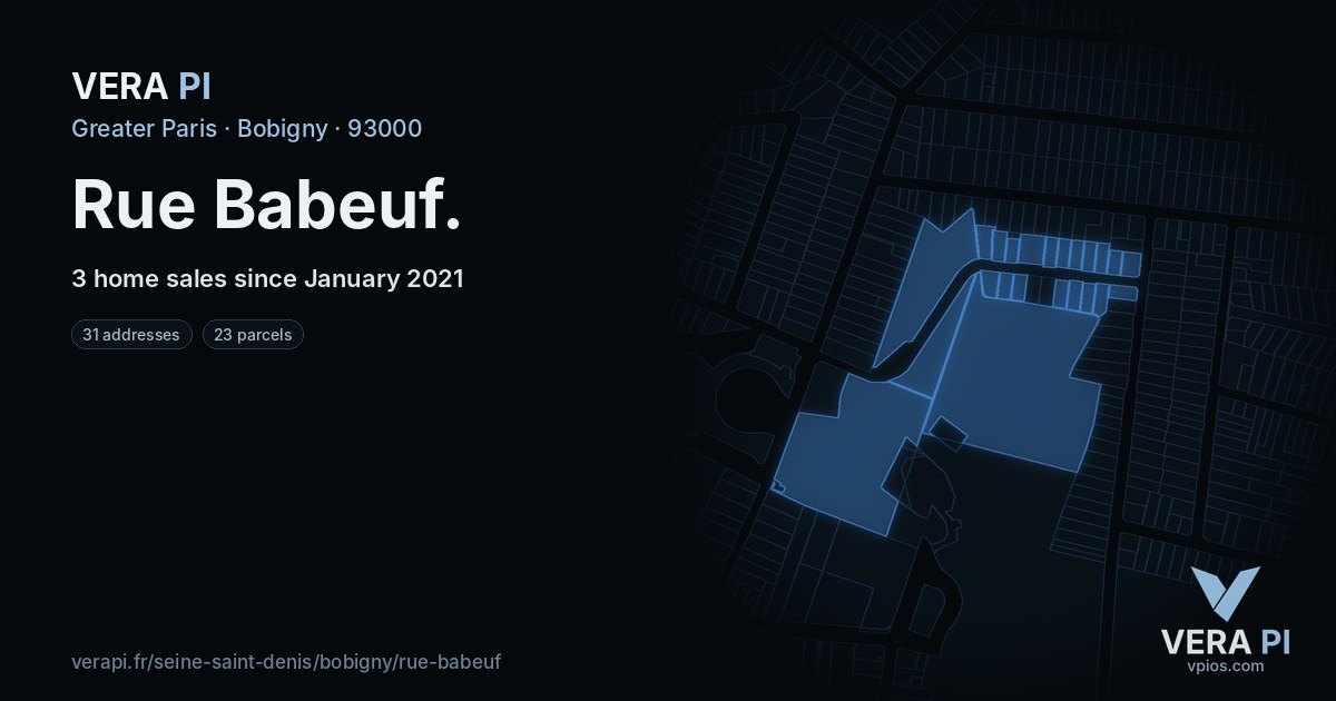 Rue Babeuf, Bobigny at night – every parcel coloured by the prices around it, the street's own parcels lit