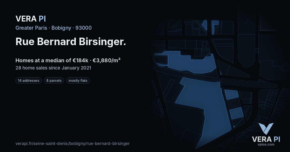Rue Bernard Birsinger, Bobigny at night – every parcel coloured by the prices around it, the street's own parcels lit