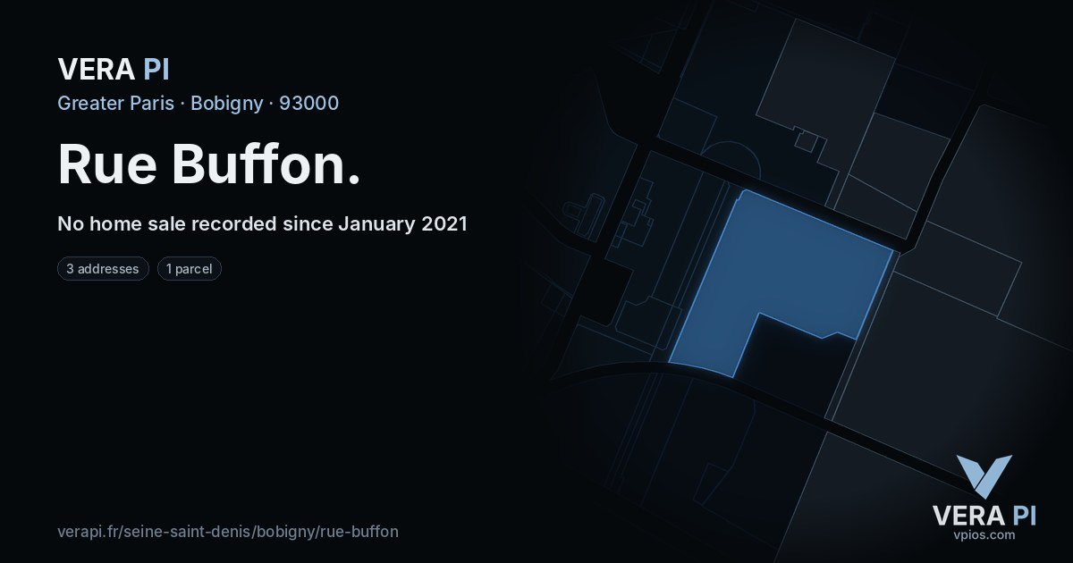 Rue Buffon, Bobigny at night – every parcel coloured by the prices around it, the street's own parcels lit