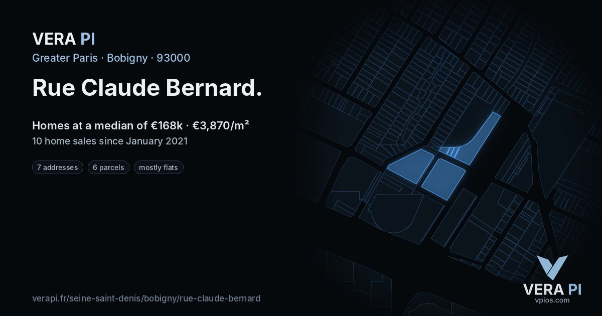 Rue Claude Bernard, Bobigny at night – every parcel coloured by the prices around it, the street's own parcels lit