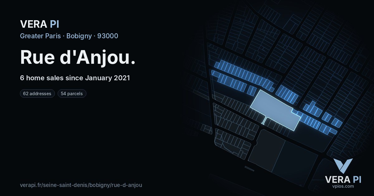 Rue d'Anjou, Bobigny at night – every parcel coloured by the prices around it, the street's own parcels lit