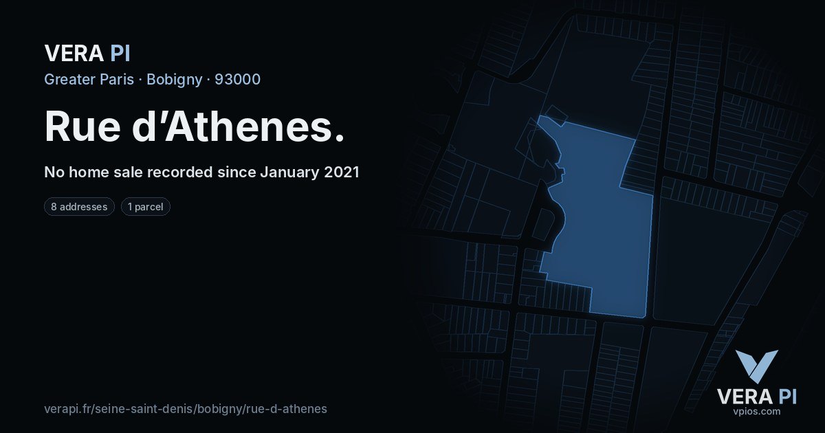 Rue d’Athenes, Bobigny at night – every parcel coloured by the prices around it, the street's own parcels lit