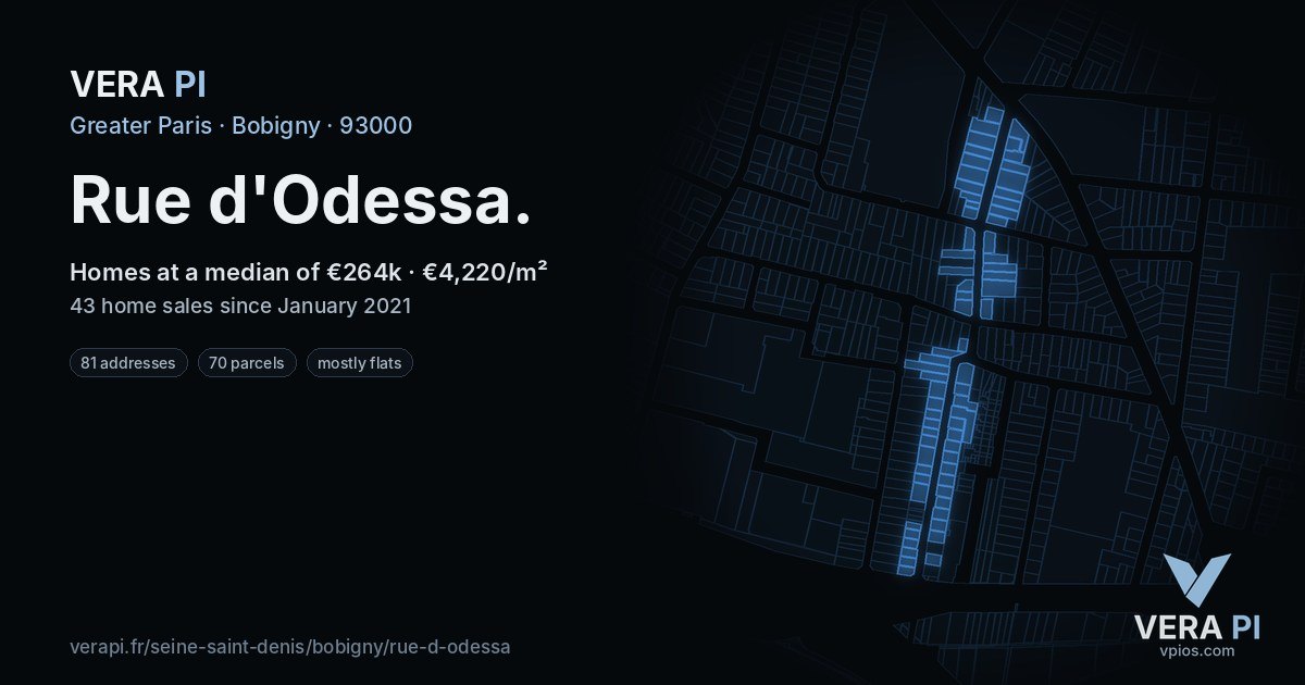 Rue d'Odessa, Bobigny at night – every parcel coloured by the prices around it, the street's own parcels lit