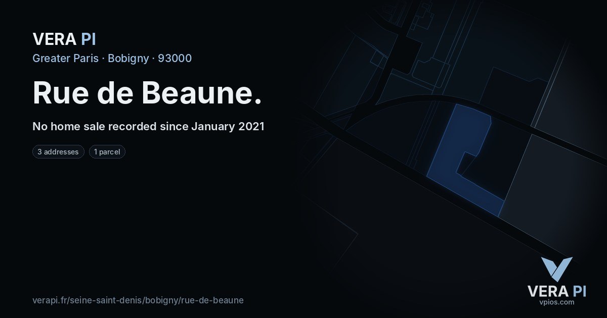 Rue de Beaune, Bobigny at night – every parcel coloured by the prices around it, the street's own parcels lit