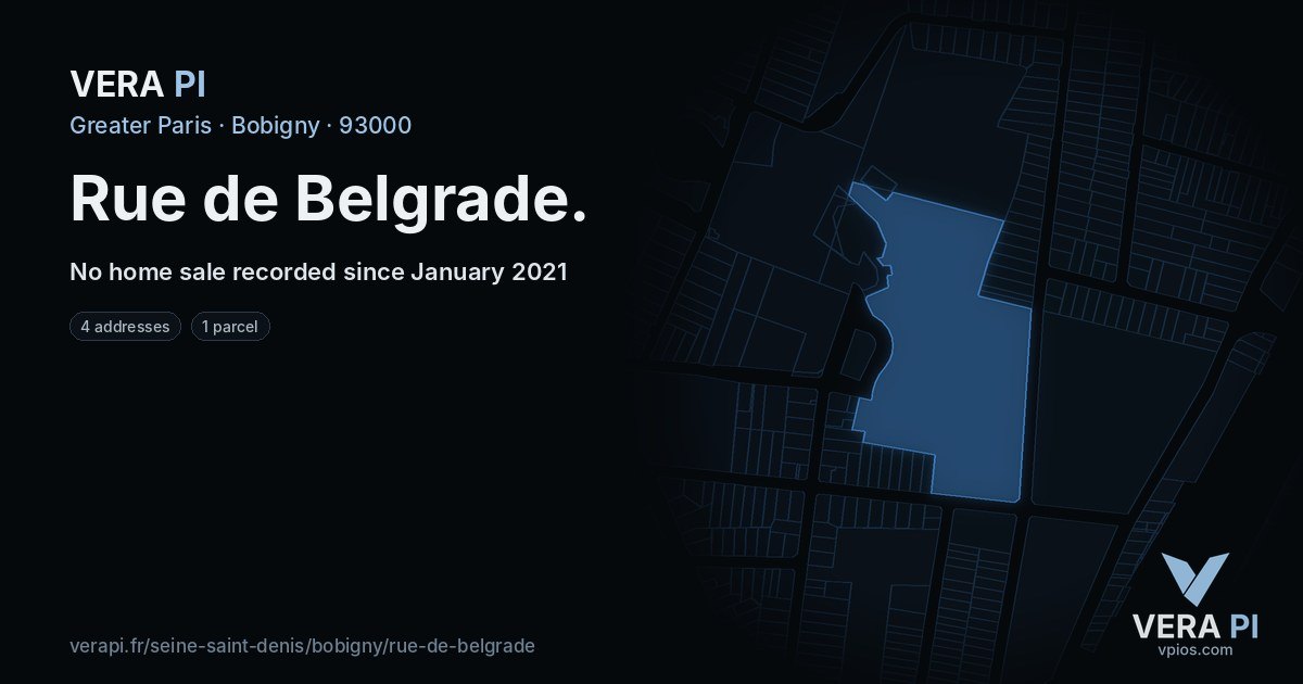 Rue de Belgrade, Bobigny at night – every parcel coloured by the prices around it, the street's own parcels lit
