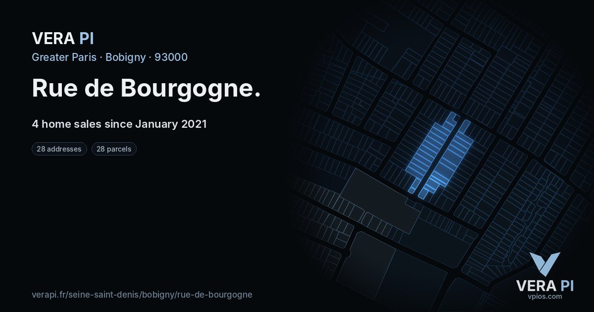 Rue de Bourgogne, Bobigny at night – every parcel coloured by the prices around it, the street's own parcels lit