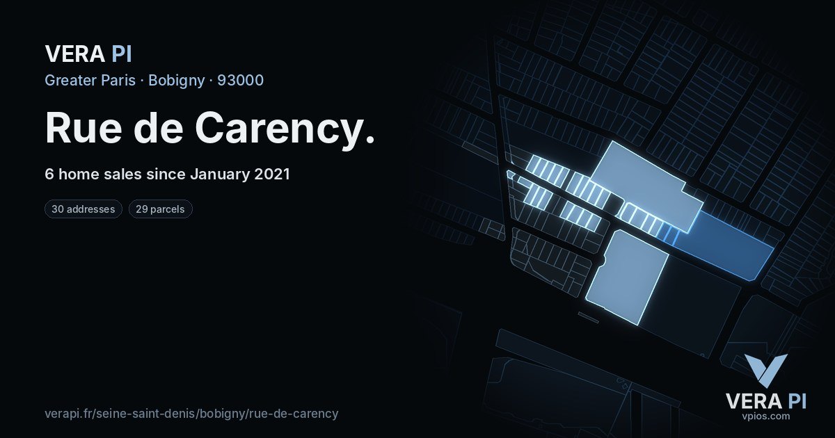 Rue de Carency, Bobigny at night – every parcel coloured by the prices around it, the street's own parcels lit