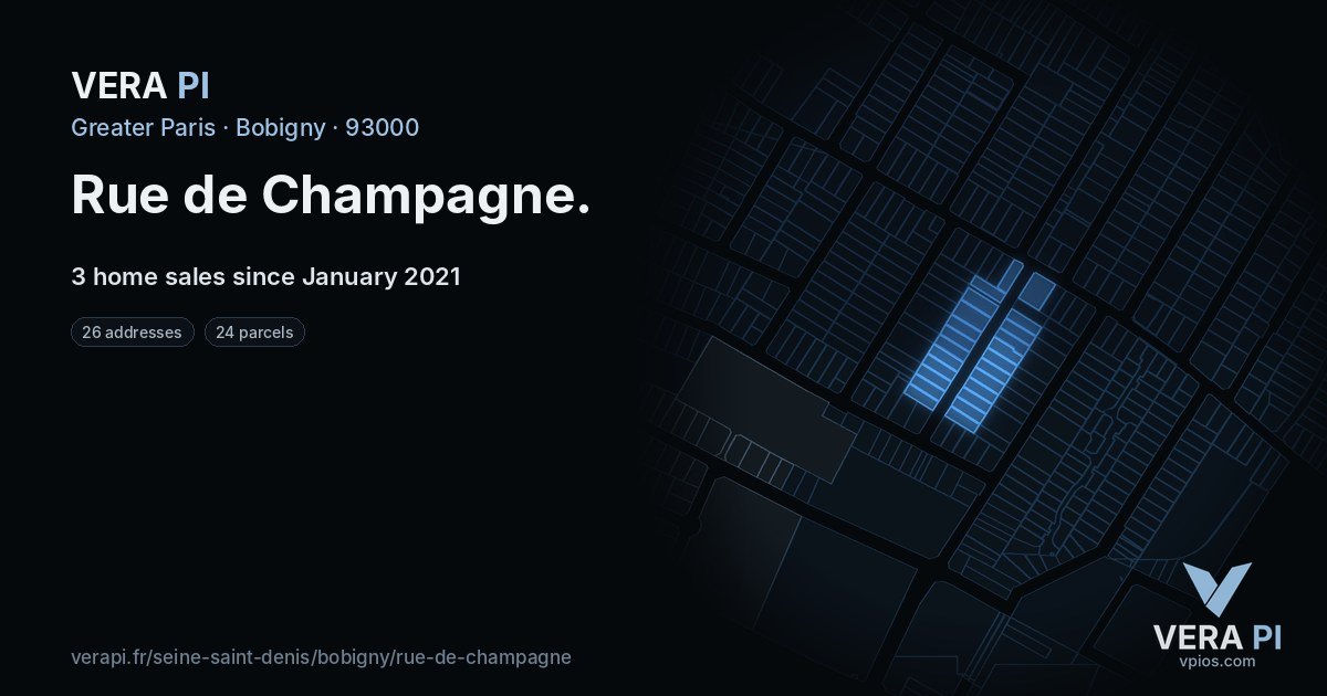 Rue de Champagne, Bobigny at night – every parcel coloured by the prices around it, the street's own parcels lit