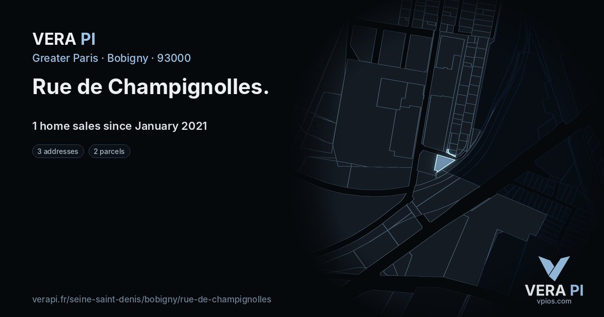 Rue de Champignolles, Bobigny at night – every parcel coloured by the prices around it, the street's own parcels lit