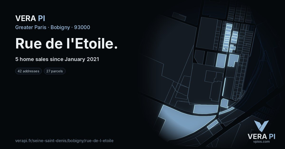 Rue de l'Etoile, Bobigny at night – every parcel coloured by the prices around it, the street's own parcels lit
