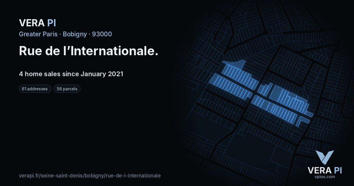 Rue de l’Internationale, Bobigny at night – every parcel coloured by the prices around it, the street's own parcels lit