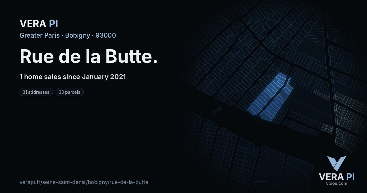 Rue de la Butte, Bobigny at night – every parcel coloured by the prices around it, the street's own parcels lit