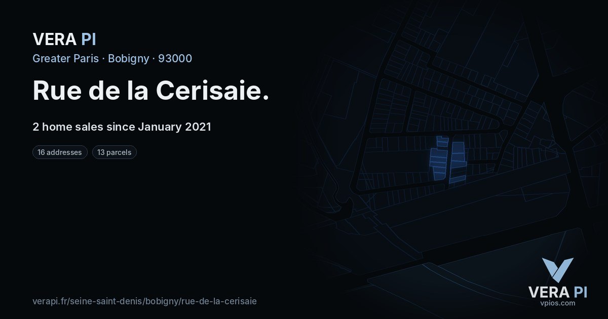 Rue de la Cerisaie, Bobigny at night – every parcel coloured by the prices around it, the street's own parcels lit