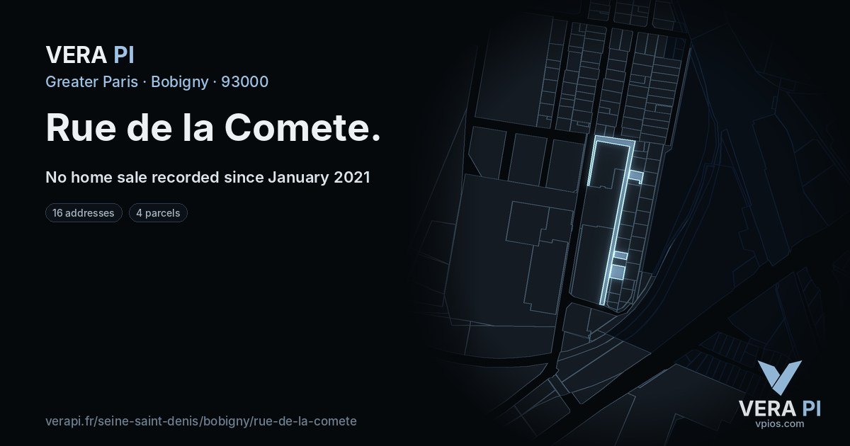Rue de la Comete, Bobigny at night – every parcel coloured by the prices around it, the street's own parcels lit