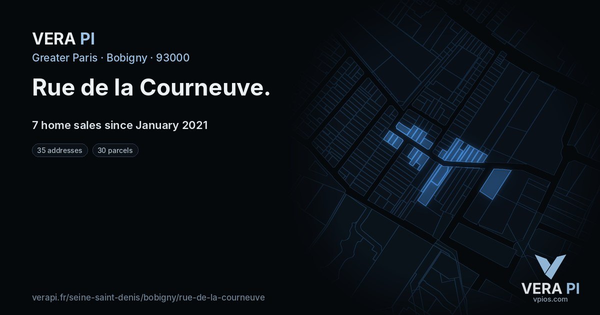 Rue de la Courneuve, Bobigny at night – every parcel coloured by the prices around it, the street's own parcels lit