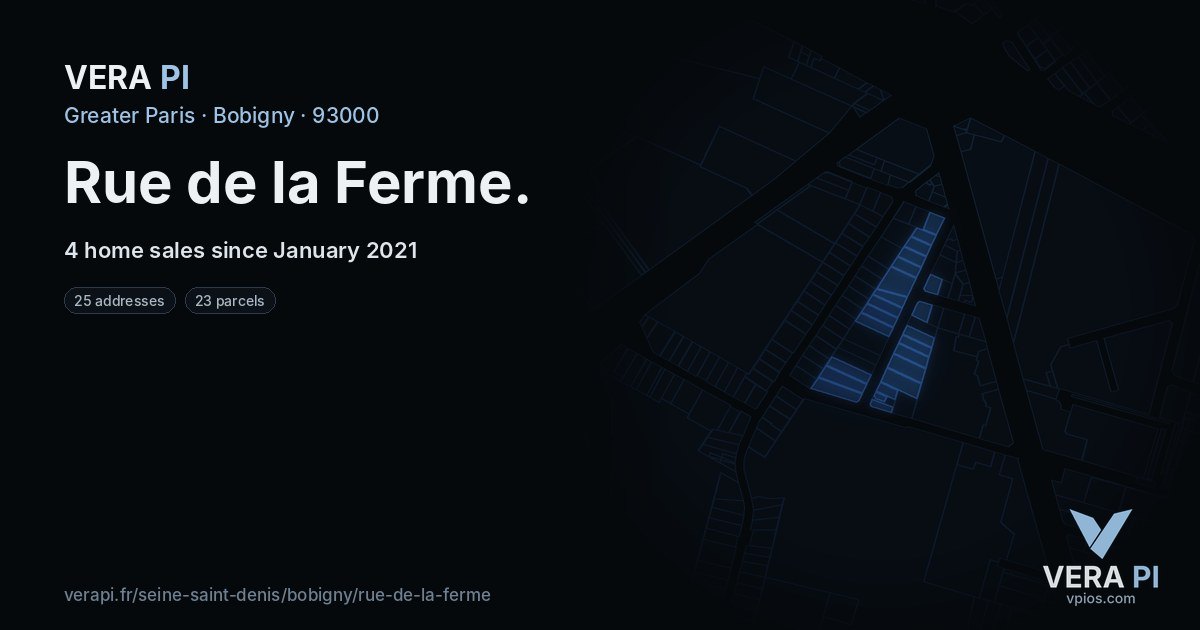 Rue de la Ferme, Bobigny at night – every parcel coloured by the prices around it, the street's own parcels lit