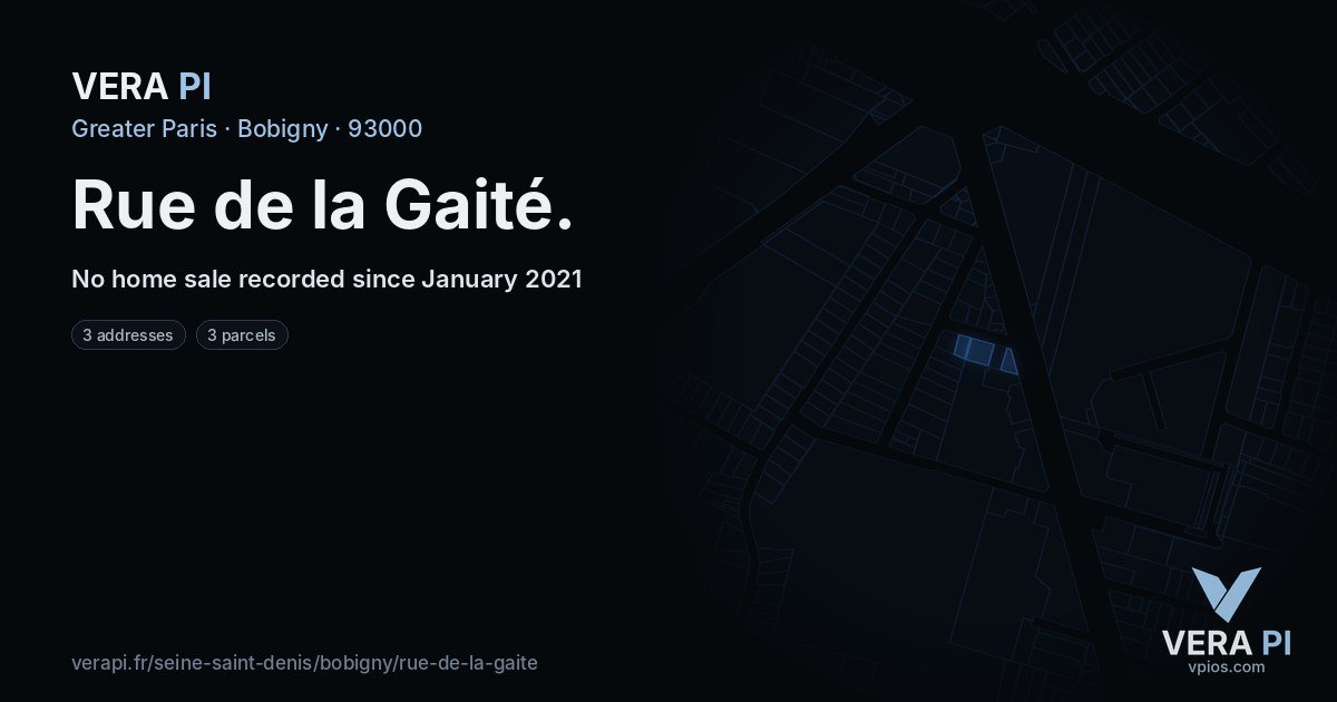 Rue de la Gaité, Bobigny at night – every parcel coloured by the prices around it, the street's own parcels lit