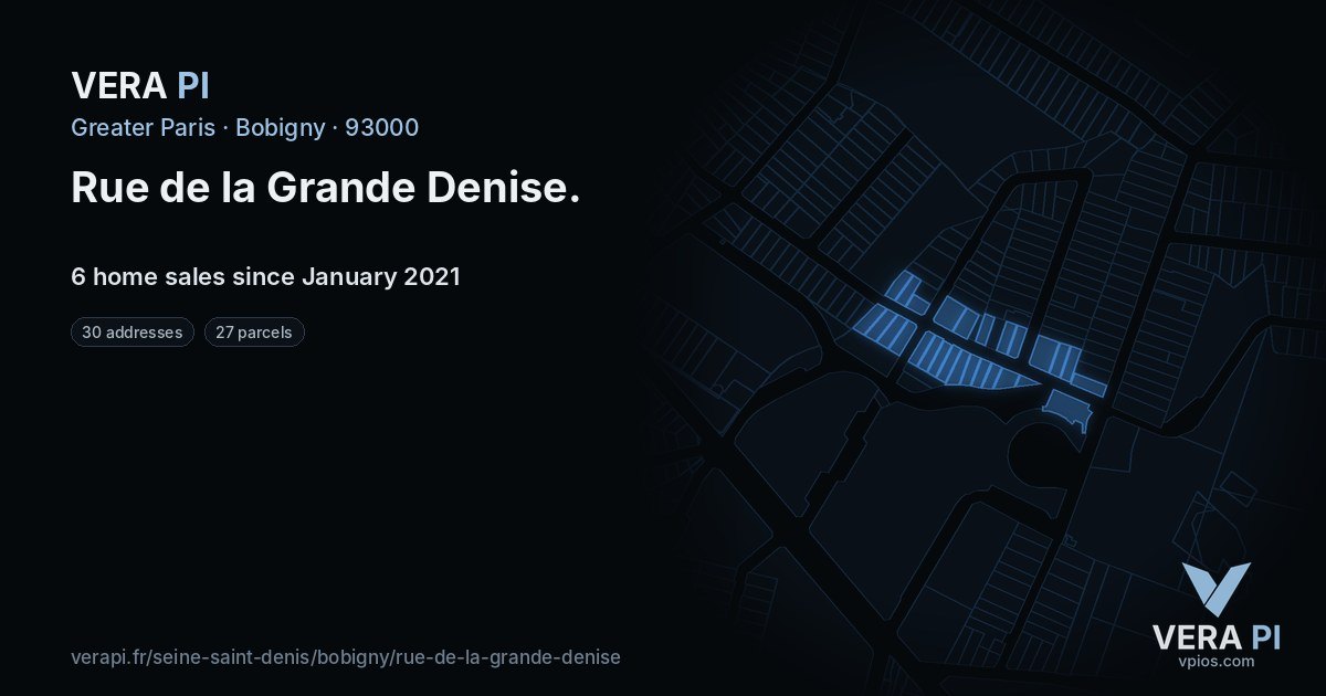 Rue de la Grande Denise, Bobigny at night – every parcel coloured by the prices around it, the street's own parcels lit