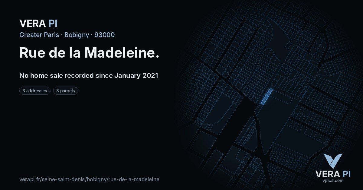 Rue de la Madeleine, Bobigny at night – every parcel coloured by the prices around it, the street's own parcels lit