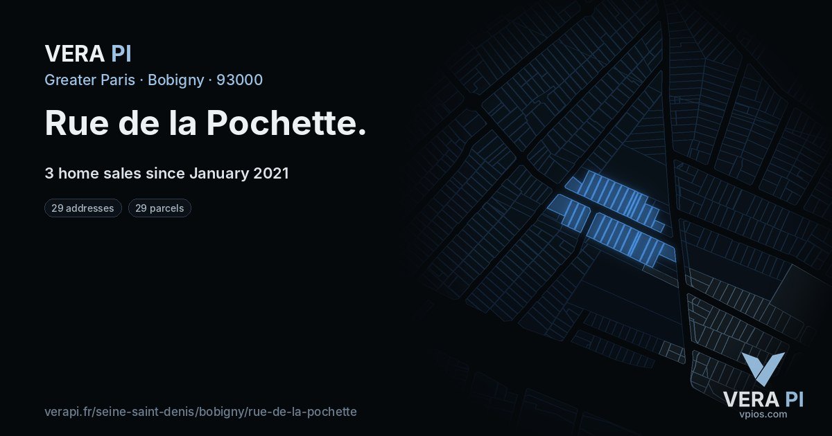 Rue de la Pochette, Bobigny at night – every parcel coloured by the prices around it, the street's own parcels lit