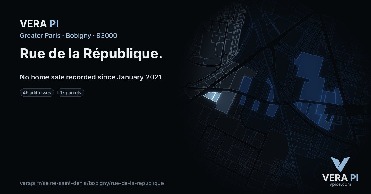 Rue de la République, Bobigny at night – every parcel coloured by the prices around it, the street's own parcels lit