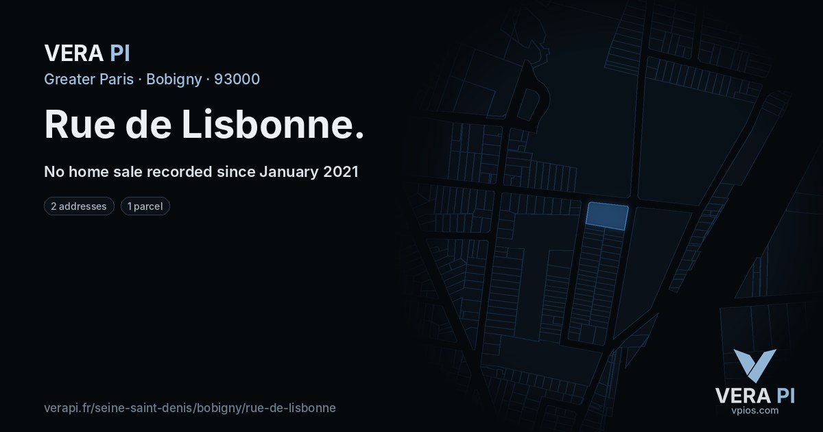 Rue de Lisbonne, Bobigny at night – every parcel coloured by the prices around it, the street's own parcels lit