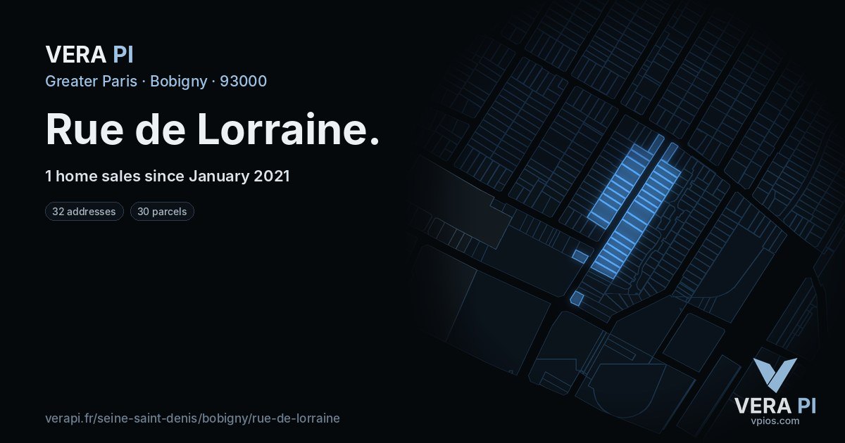 Rue de Lorraine, Bobigny at night – every parcel coloured by the prices around it, the street's own parcels lit