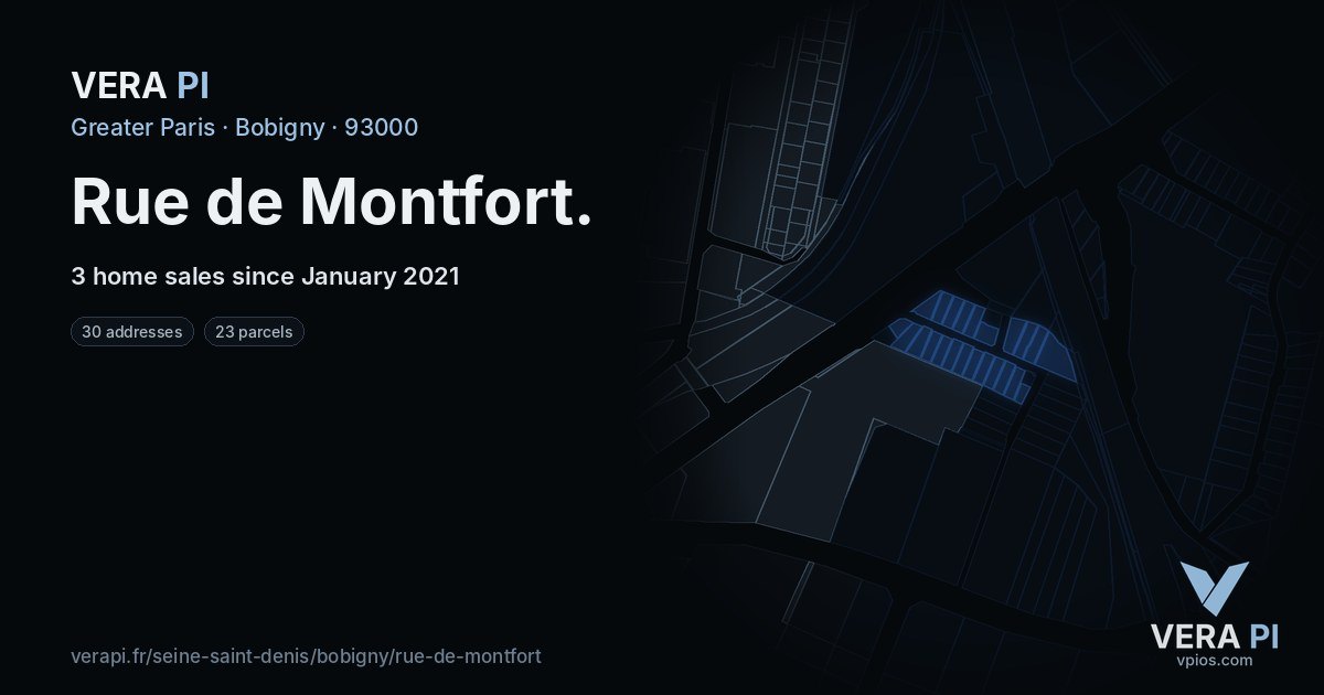 Rue de Montfort, Bobigny at night – every parcel coloured by the prices around it, the street's own parcels lit
