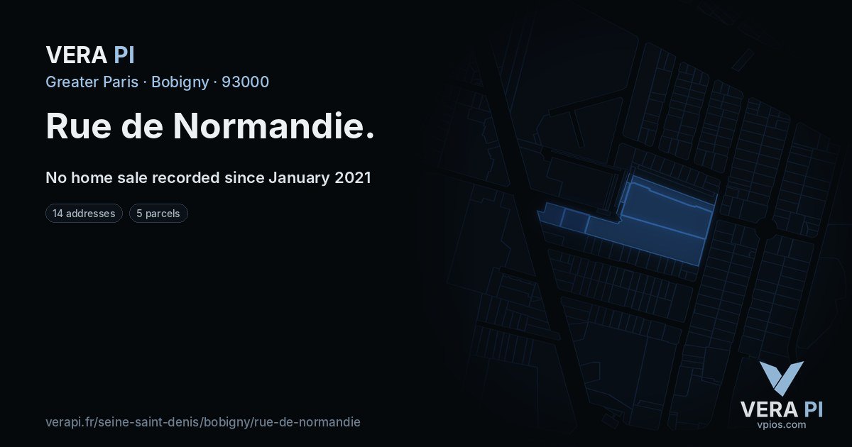 Rue de Normandie, Bobigny at night – every parcel coloured by the prices around it, the street's own parcels lit