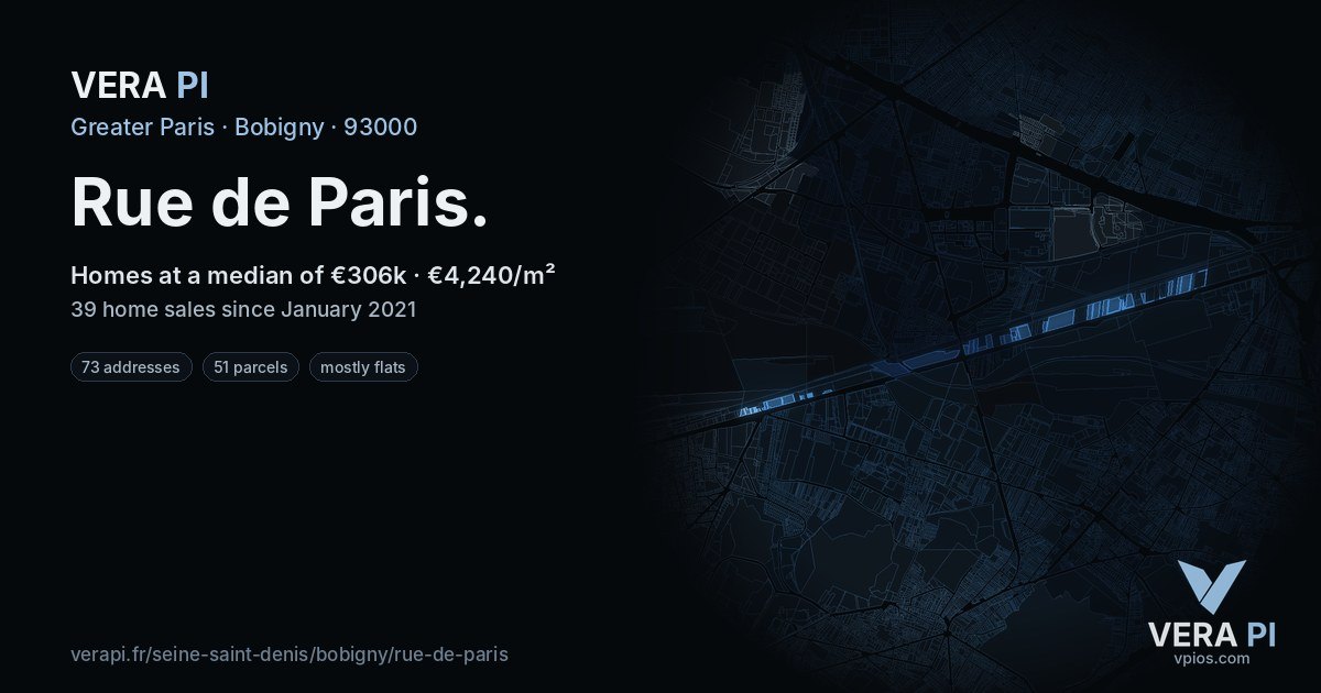 Rue de Paris, Bobigny at night – every parcel coloured by the prices around it, the street's own parcels lit