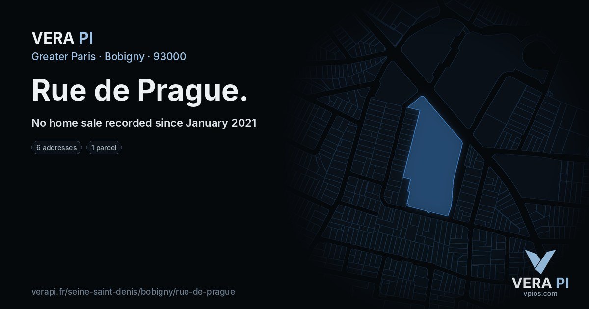 Rue de Prague, Bobigny at night – every parcel coloured by the prices around it, the street's own parcels lit