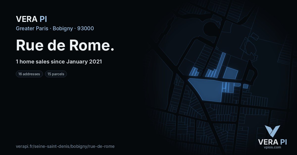 Rue de Rome, Bobigny at night – every parcel coloured by the prices around it, the street's own parcels lit