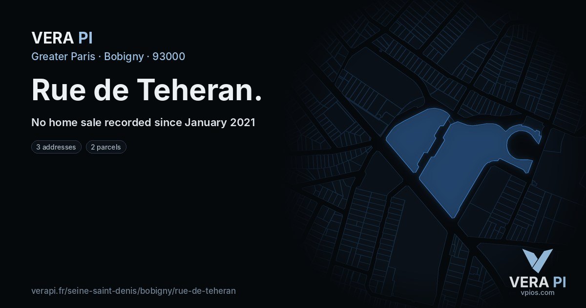 Rue de Teheran, Bobigny at night – every parcel coloured by the prices around it, the street's own parcels lit