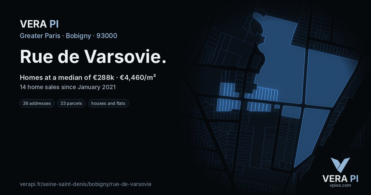 Rue de Varsovie, Bobigny at night – every parcel coloured by the prices around it, the street's own parcels lit