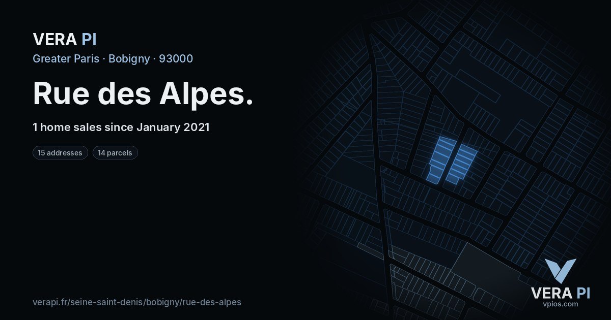 Rue des Alpes, Bobigny at night – every parcel coloured by the prices around it, the street's own parcels lit