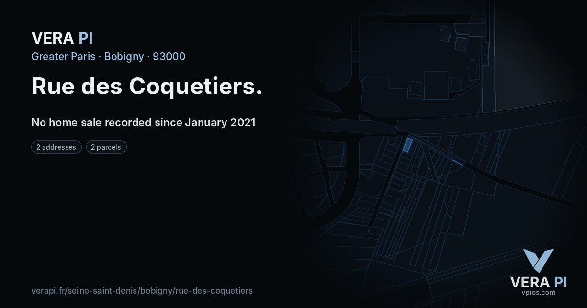 Rue des Coquetiers, Bobigny at night – every parcel coloured by the prices around it, the street's own parcels lit