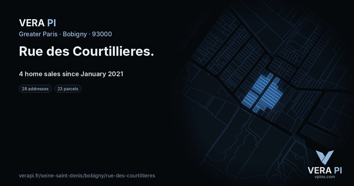 Rue des Courtillieres, Bobigny at night – every parcel coloured by the prices around it, the street's own parcels lit