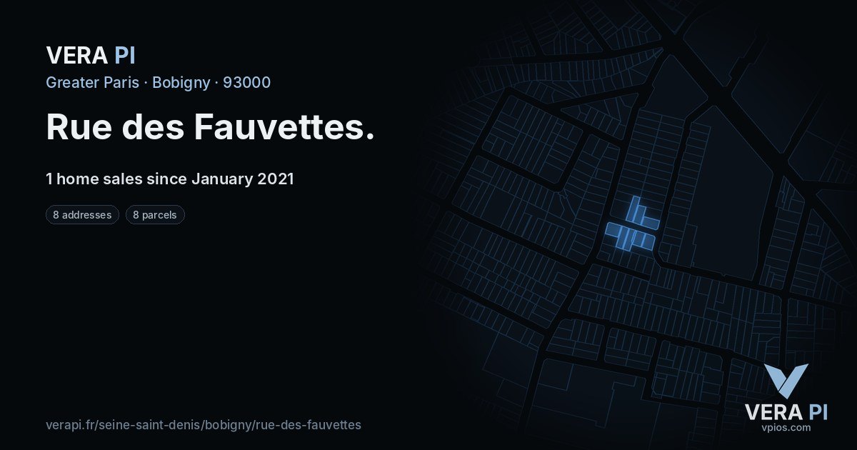 Rue des Fauvettes, Bobigny at night – every parcel coloured by the prices around it, the street's own parcels lit