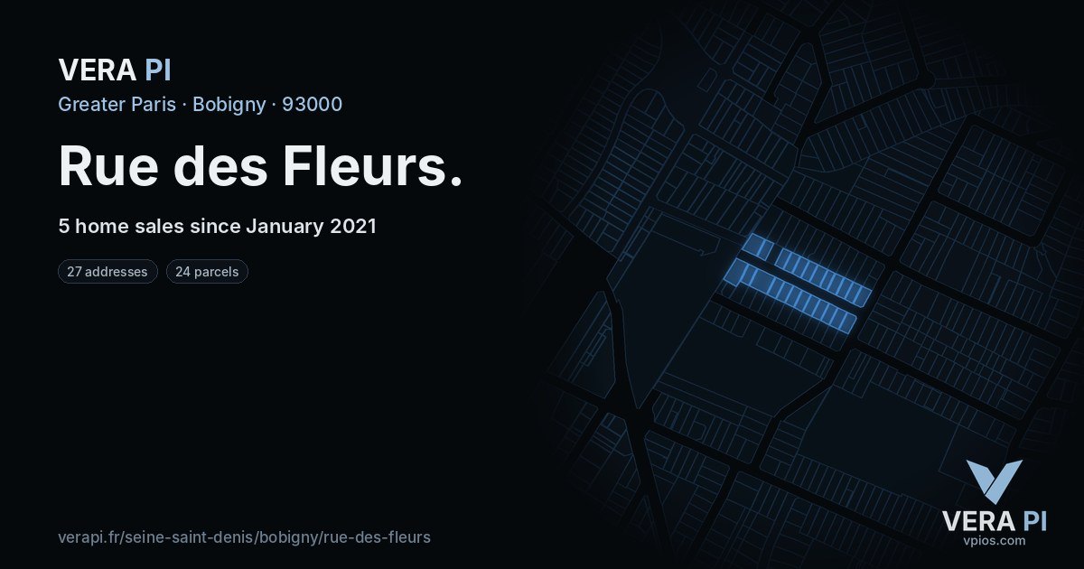 Rue des Fleurs, Bobigny at night – every parcel coloured by the prices around it, the street's own parcels lit