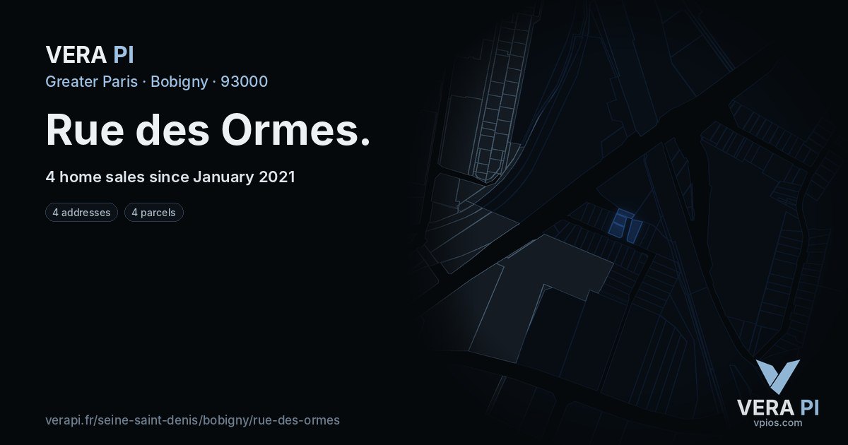 Rue des Ormes, Bobigny at night – every parcel coloured by the prices around it, the street's own parcels lit
