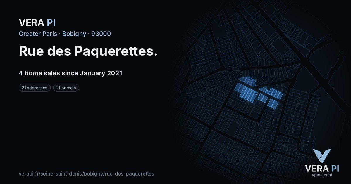 Rue des Paquerettes, Bobigny at night – every parcel coloured by the prices around it, the street's own parcels lit