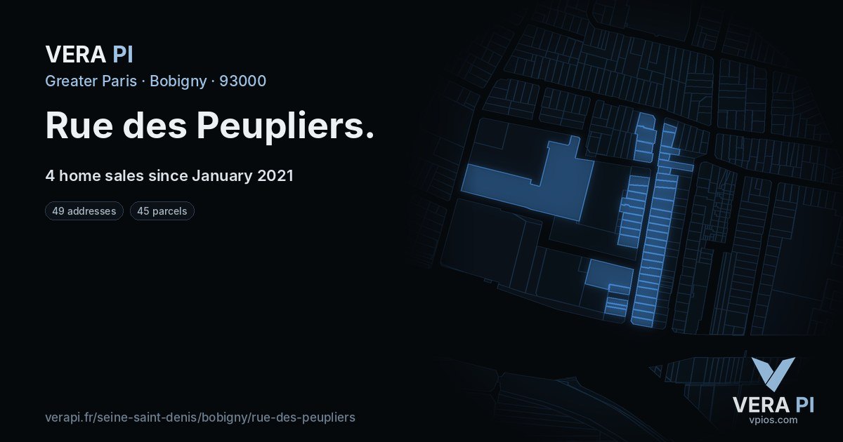 Rue des Peupliers, Bobigny at night – every parcel coloured by the prices around it, the street's own parcels lit