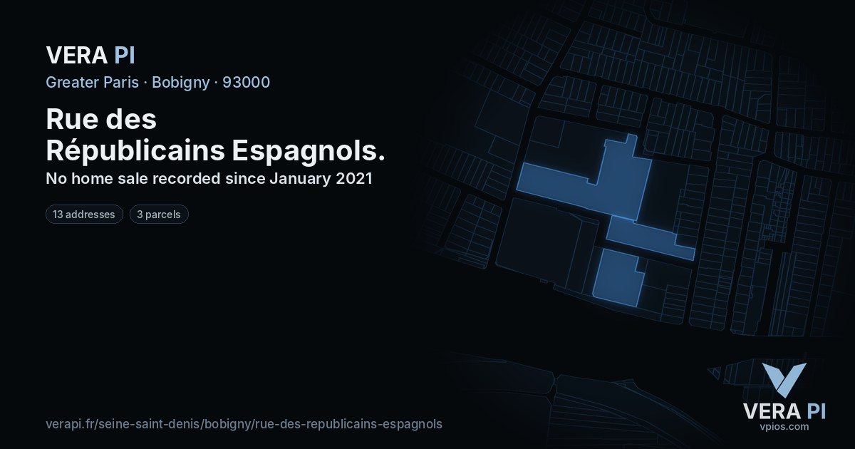 Rue des Républicains Espagnols, Bobigny at night – every parcel coloured by the prices around it, the street's own parcels lit