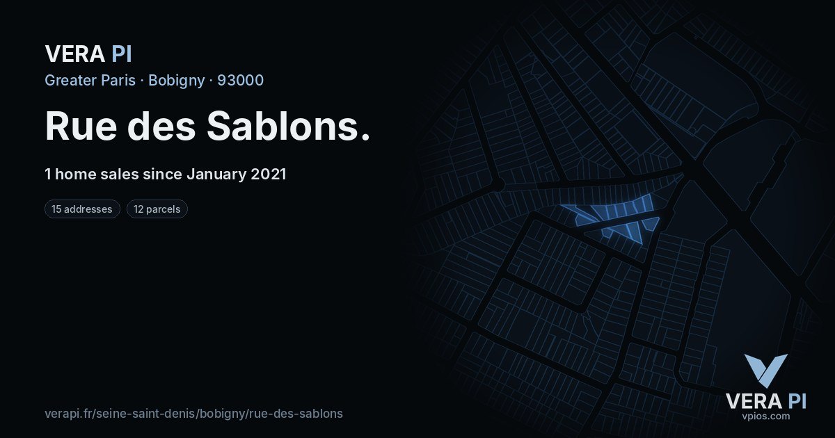 Rue des Sablons, Bobigny at night – every parcel coloured by the prices around it, the street's own parcels lit