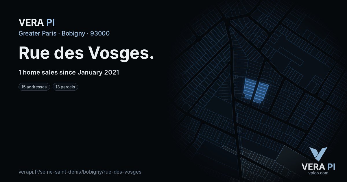 Rue des Vosges, Bobigny at night – every parcel coloured by the prices around it, the street's own parcels lit