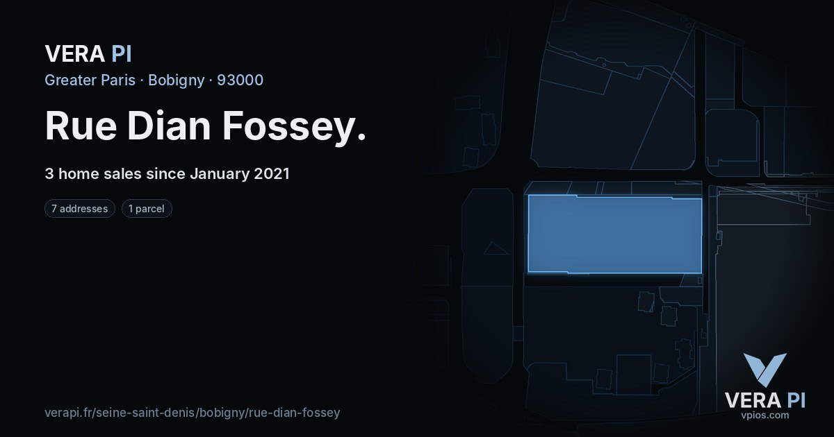 Rue Dian Fossey, Bobigny at night – every parcel coloured by the prices around it, the street's own parcels lit
