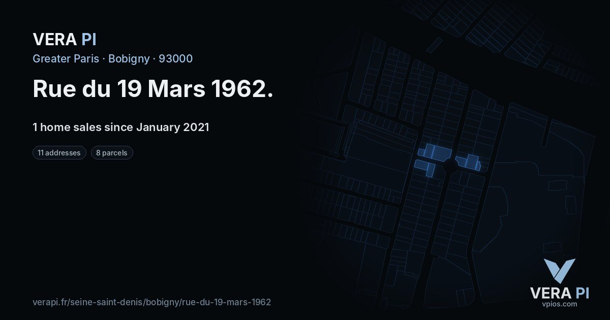 Rue du 19 Mars 1962, Bobigny at night – every parcel coloured by the prices around it, the street's own parcels lit