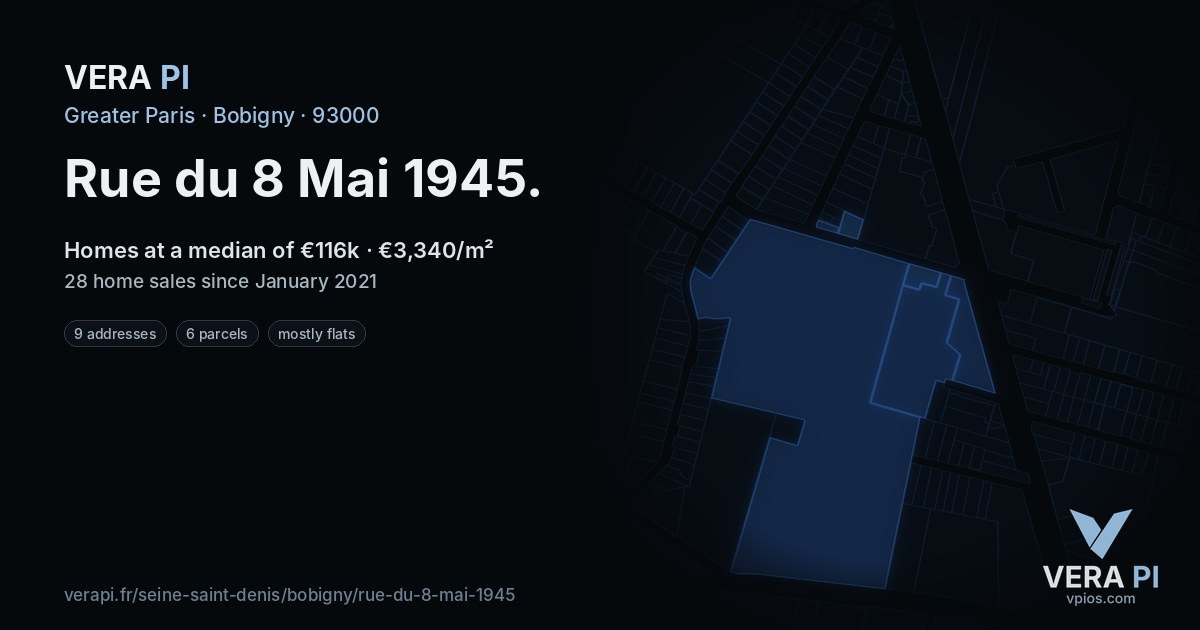 Rue du 8 Mai 1945, Bobigny at night – every parcel coloured by the prices around it, the street's own parcels lit